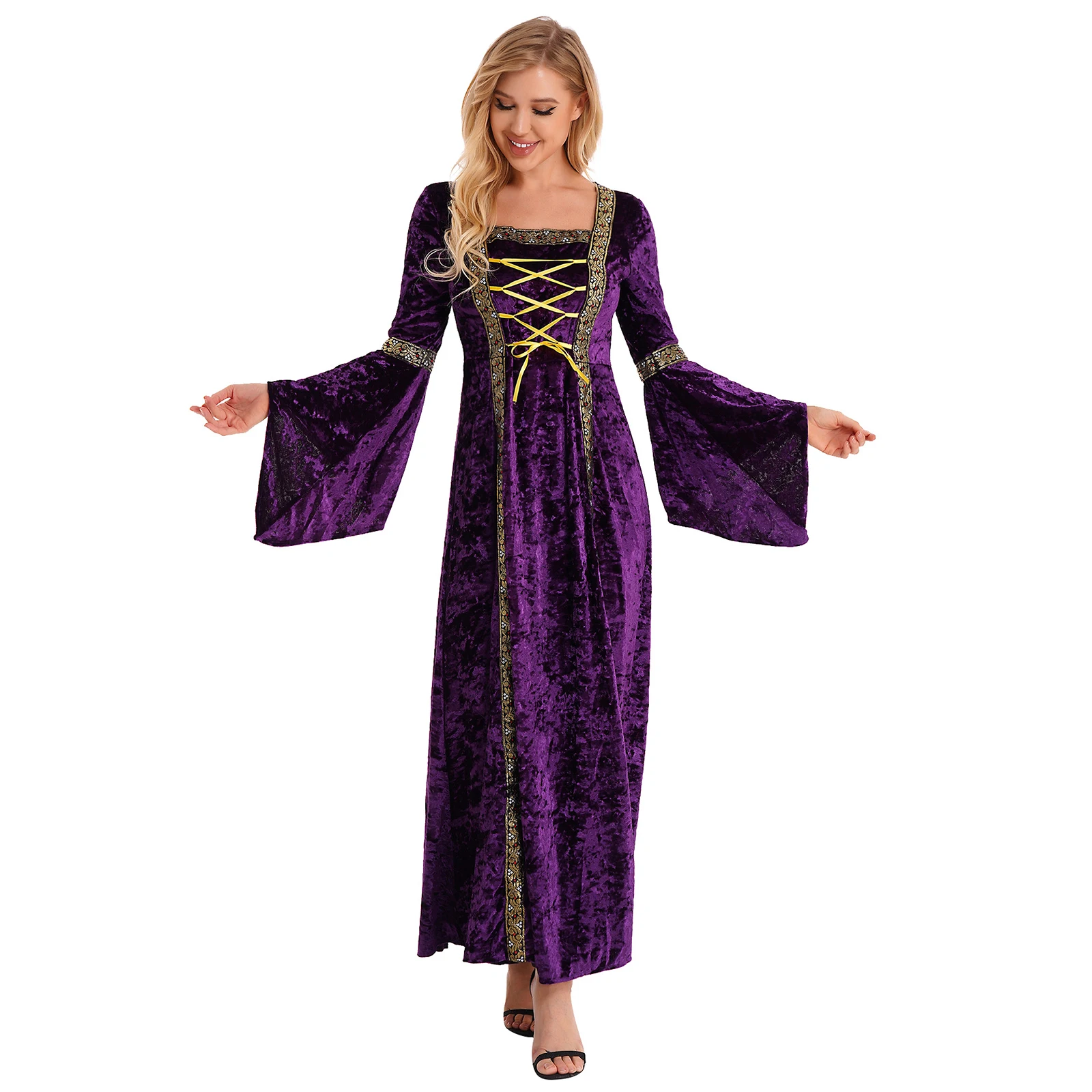 

Womens Halloween Theme Party Medieval Renaissance Cosplay Stage Performance Costume Flare Sleeve Lace-up Velvet Gown Dresses