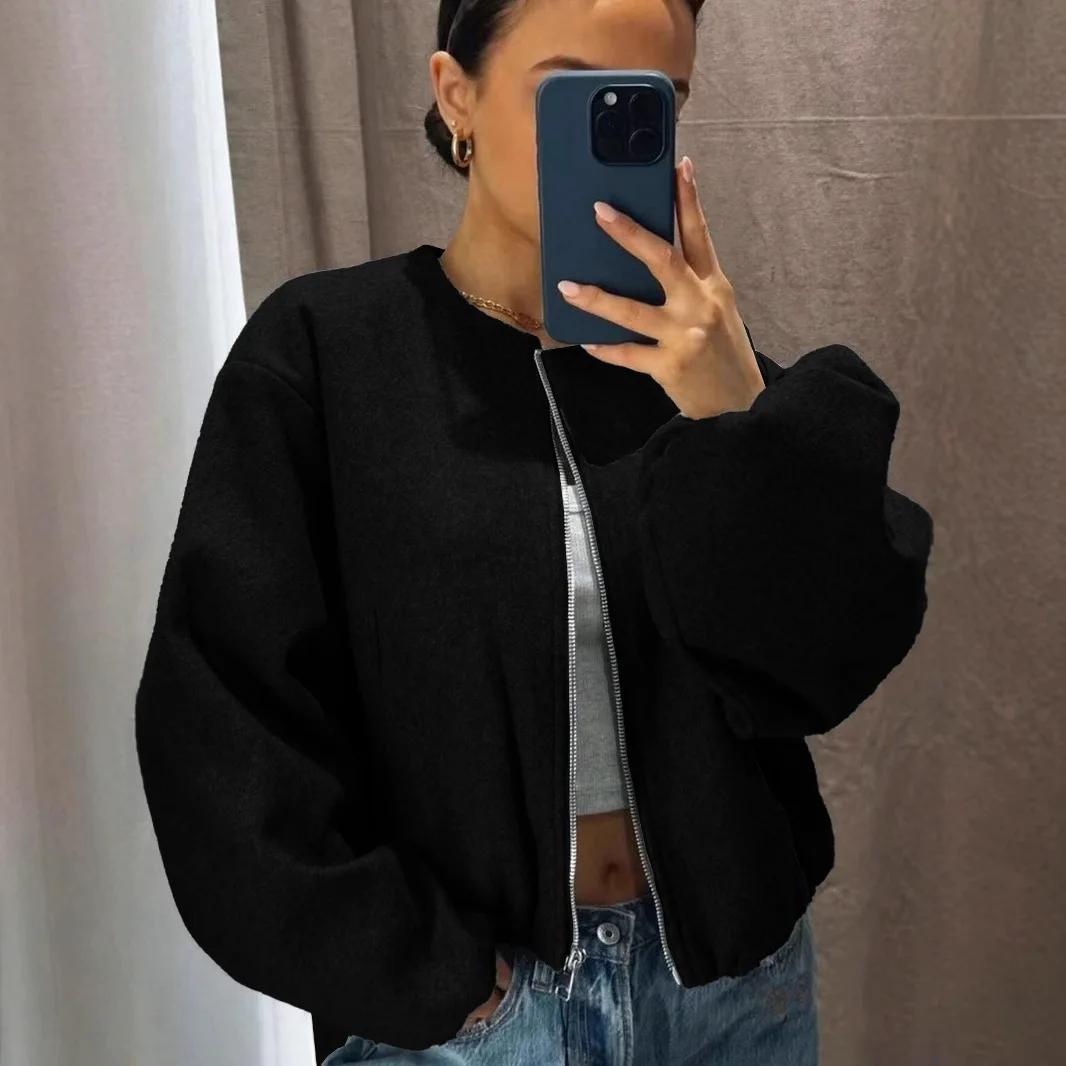 

Autumn and Winter Women's Baseball Jacket Pilot Jacket Street Round Neck Dropped Shoulder Lantern Sleeve Zipper Cardigan Coat