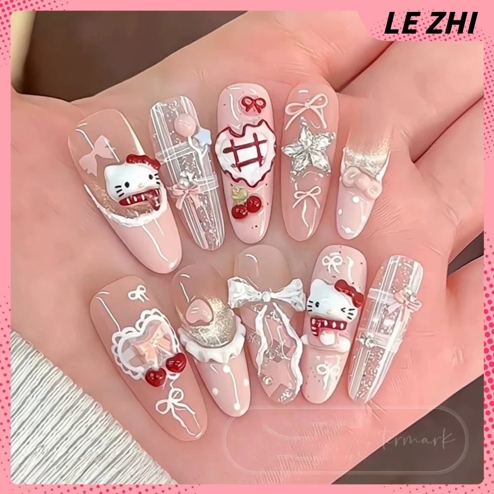 10Pcs Stiker Kuku Panjang Stiletto Buatan Tangan Motif Kartun Hello Kitty Pink, Cherry Pearl Cream Bowknot French Press On Nail