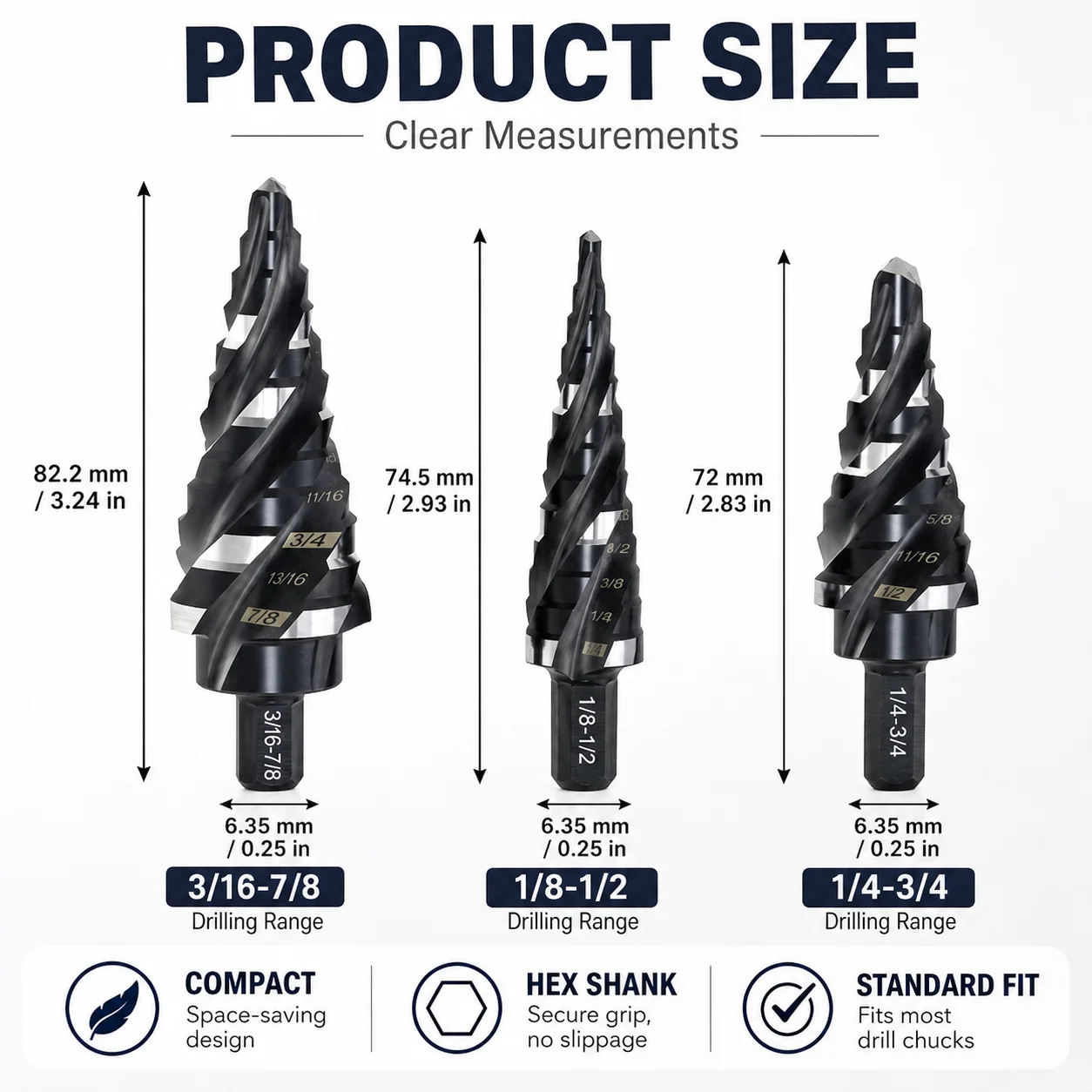 3PCS HSSCo Step Drill Bit Set, 1/8