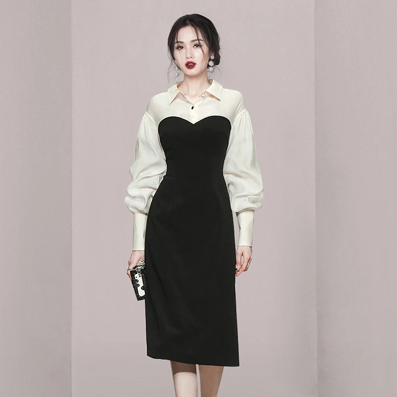 Spring Autumn New Fashion Korean Slim Mid-Length Dress Women's Chiffon Patchwork Lantern Sleeve Temperament Dress