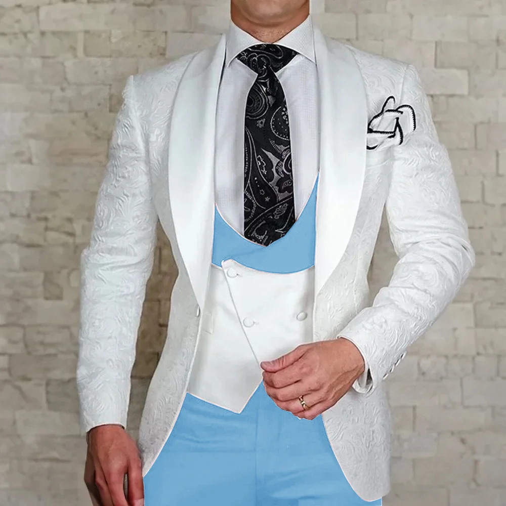 White Floral Jacket Men Suit Slim Fit Wedding Tuxedo Shawl Lapel Groom Party Suits Costume Homme Best Man Blazer Sets