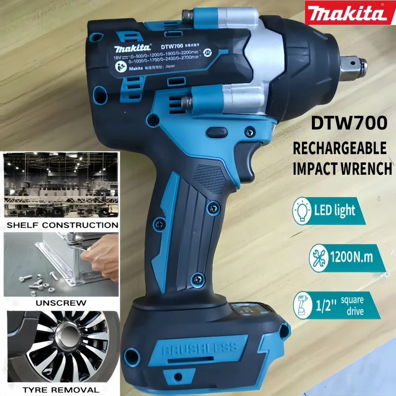 

DTW700 Makita Cordless Impact Wrench 18V Brushless Motor 1200Nm Variable Speed Electric Wrench High Effieiency Durable Auto Stop