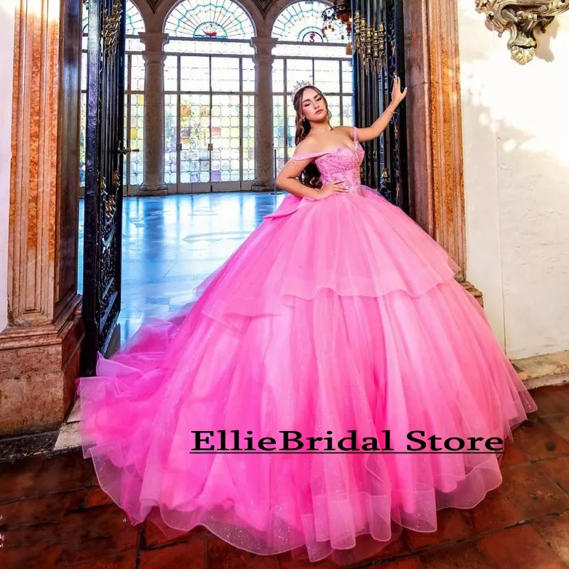 Customized Pink Quinceanera Dresses Tulle Beading Vestido De 15 Quinceañera Off The Shoulder Sweet 16 Prom Gowns