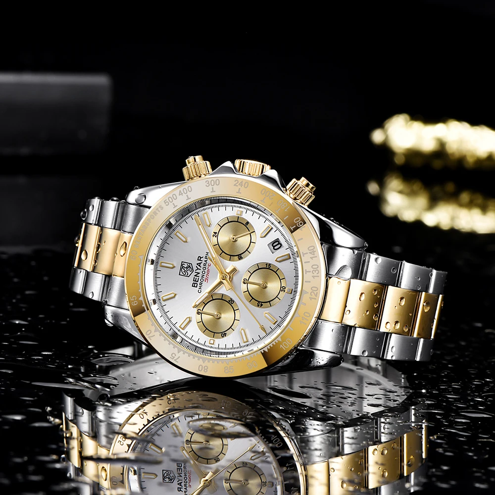 BENYAR ساعة عصرية فاخرة رياضية مضيئة متعددة الوظائف رمز التوقيت ساعة ستانلس ستيل مقاومة للماء عسكرية للرجال