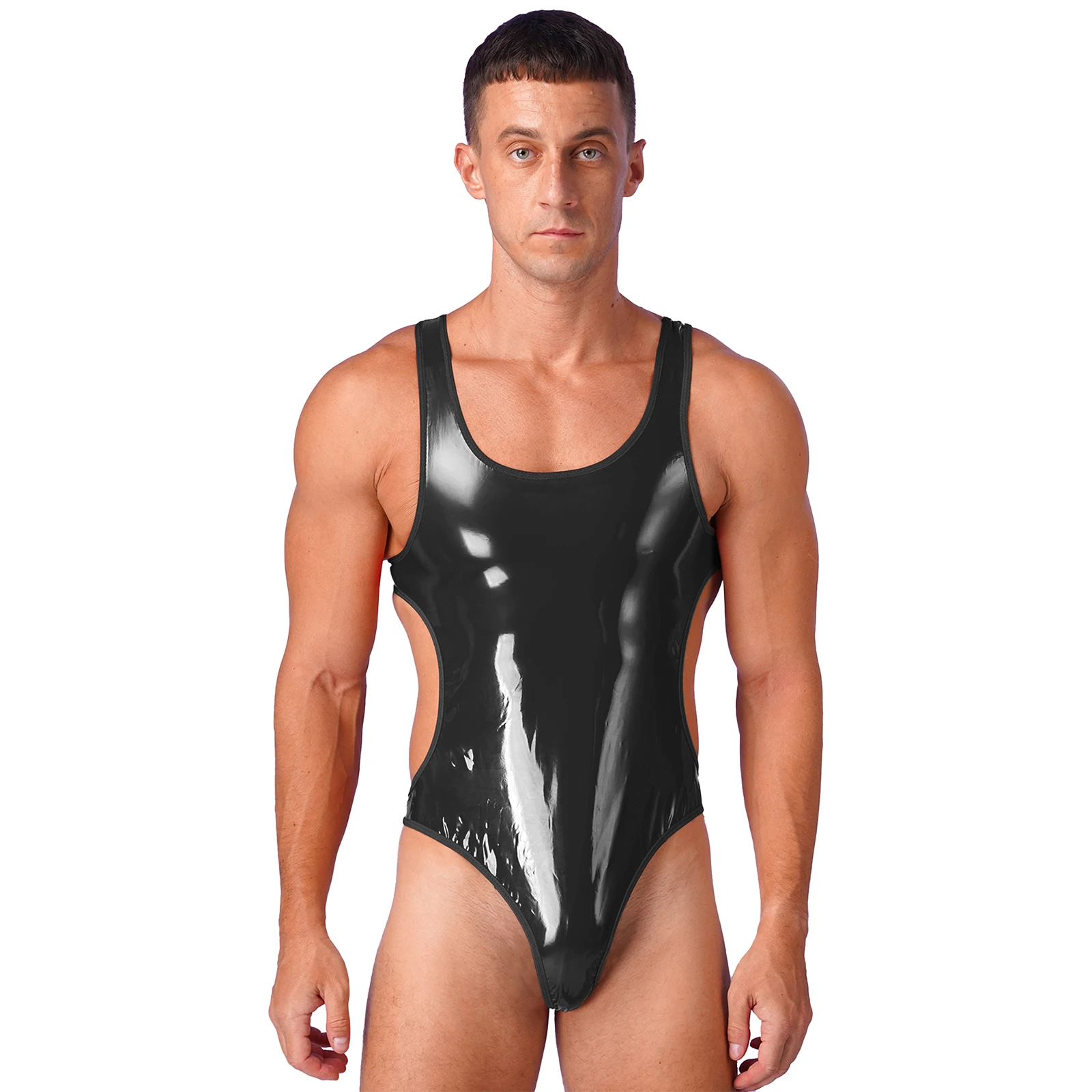 Swimwear Mens One-Piece Swimsuit Open Back U Neck Sleeveless Jumpsuit Pool Party Swimwear Wet Look Patent Leather Bodysuit