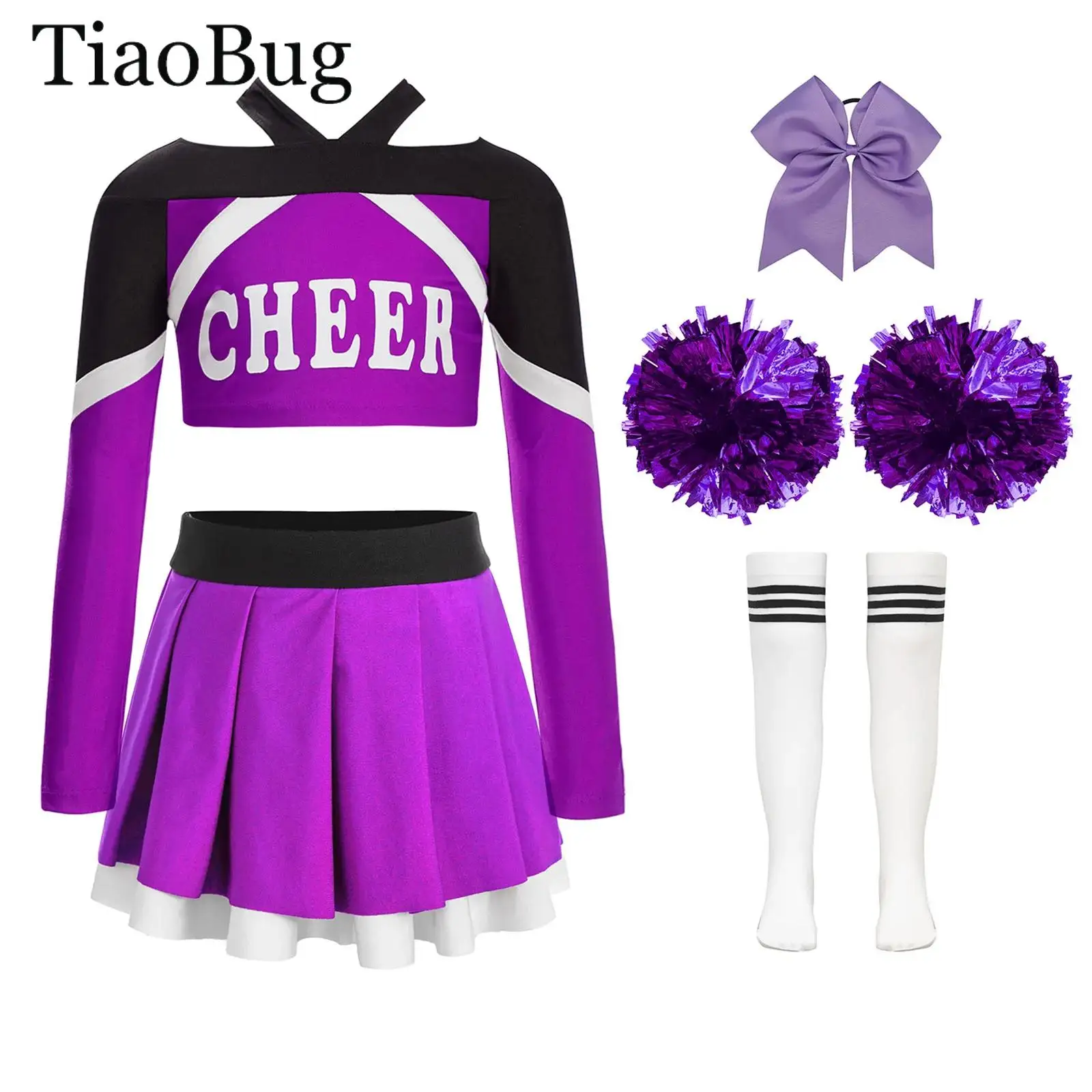 

Girls Cheerleader Uniforms Cheerleading Costume Long Sleeve Letter Print Crop Top +Pleated Skirt School Performance Dancewear