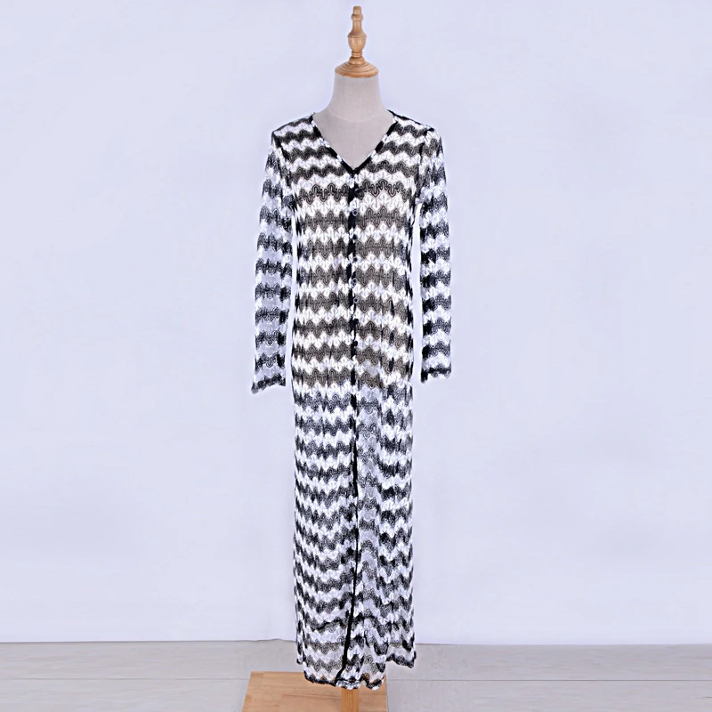 Zigzag Pattern Zebra Women Cardigan Black&White Knit Maxi Sweater Long Sleeve Lace Beach Cover Ups Floor Length Button Coat Cape