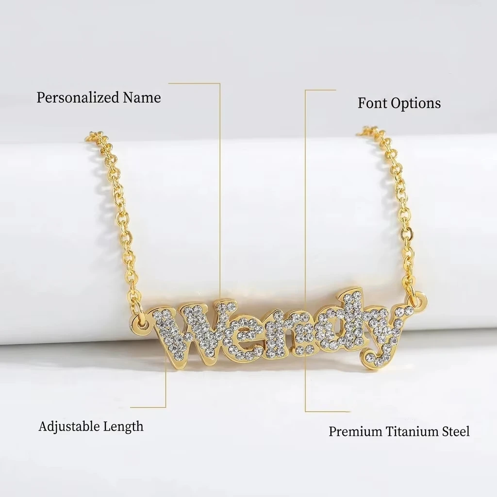 Personalized Name Necklace Stainless Steel Custom Iced Out CZ Crystal Nameplate Pendant 18K Gold Plated Cursive Script Jewelry G
