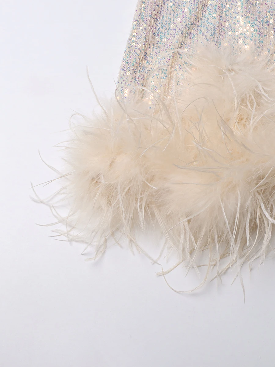 TWOTWINSTYLE Sexy Party Gesplitste Veren Jurk voor Vrouwen V-hals Mouwloos Patchwork Pailletten Solid Glitter Korte Jurken Vrouwelijke