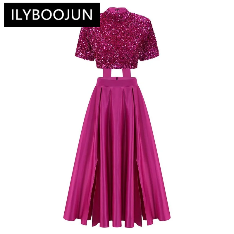 ILYBOOJUN Elegant Two Piece Sets For Women Stand Collar Short Sleeve Spliced Sequins Tops High Waist Skirt Chic Set Female