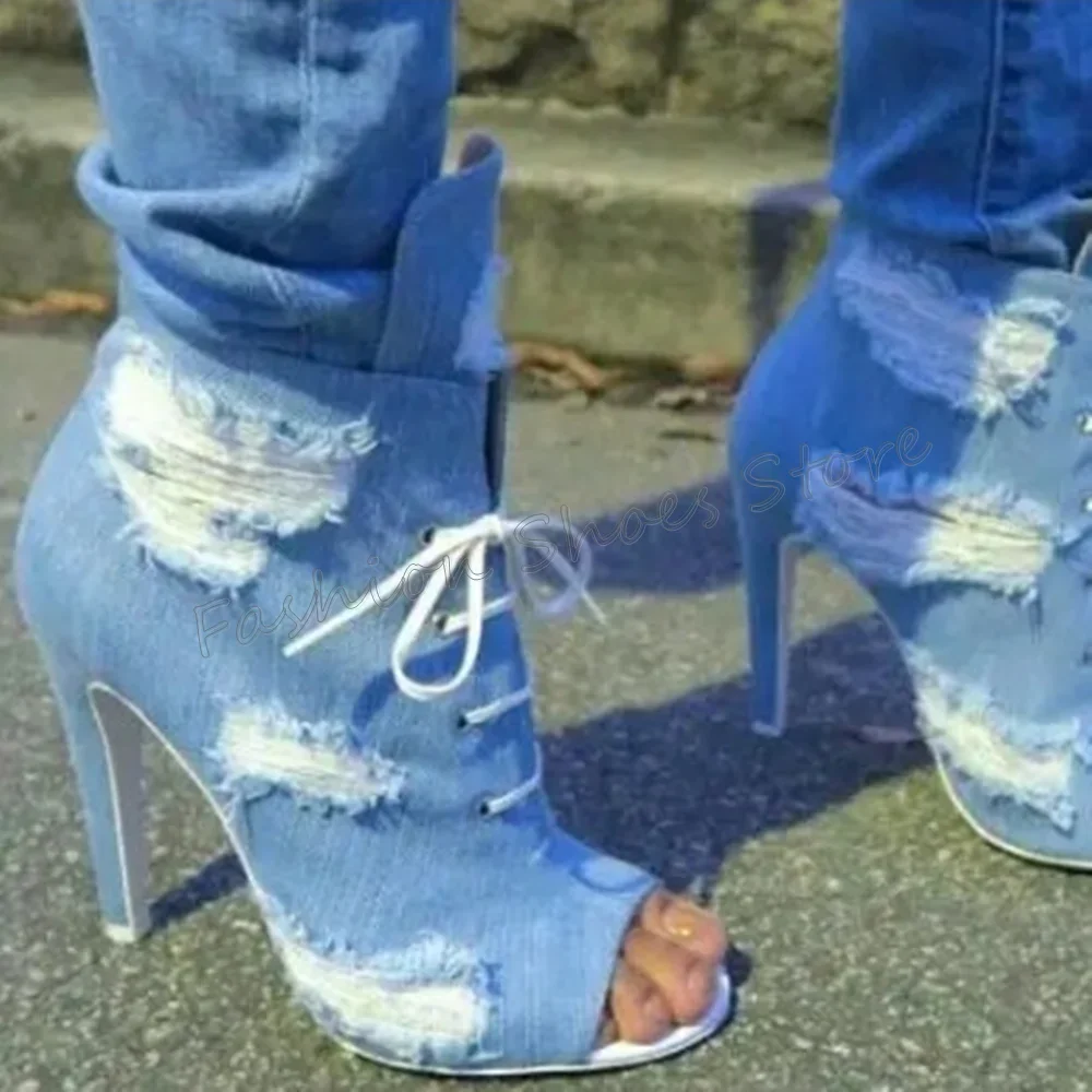 

Demin Peep Toe Lace up Ankle Boots Stilettos High Heels High Heel Shoes for Women Fashion Heels 2025 New Zapatos Para Mujere