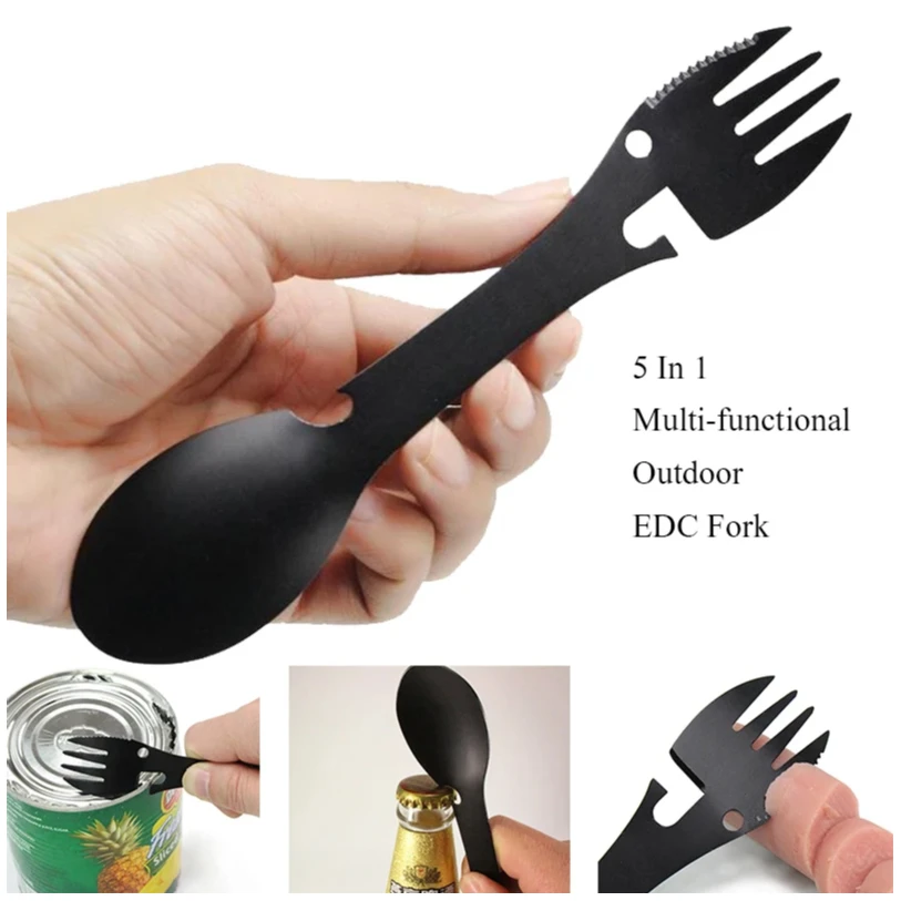 

Outdoor Survival Tools 5 in 1 Camping Multi-functional EDC Kit Practical Fork Knife Spoon Bottle/Can Opener