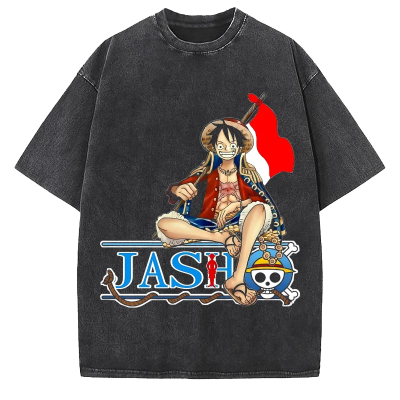 

American One Piec T-Shirt ONE PIECE Peripheral Retro Washed Cotton Short Sleeve T-Shirt Men's and Women's Streetwear