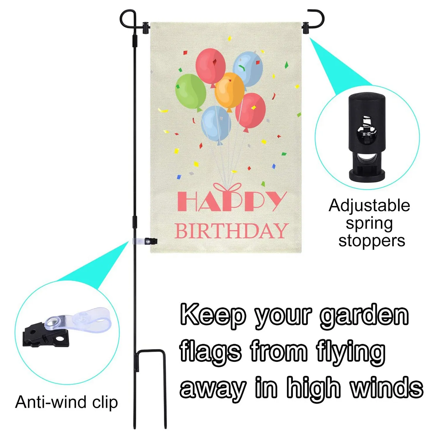 

A63X-Garden Flag Stand Metal Garden Flag Pole Holder With Garden Flag Stopper Anti-Wind Clip For Outdoor Decorative Yard Flag