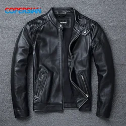 Top Layer Cowhide Slim Fit Stand Collar Motorcycle Suit Men's Leather Jacket Soft Cowhide Large Size Jacket Fashion