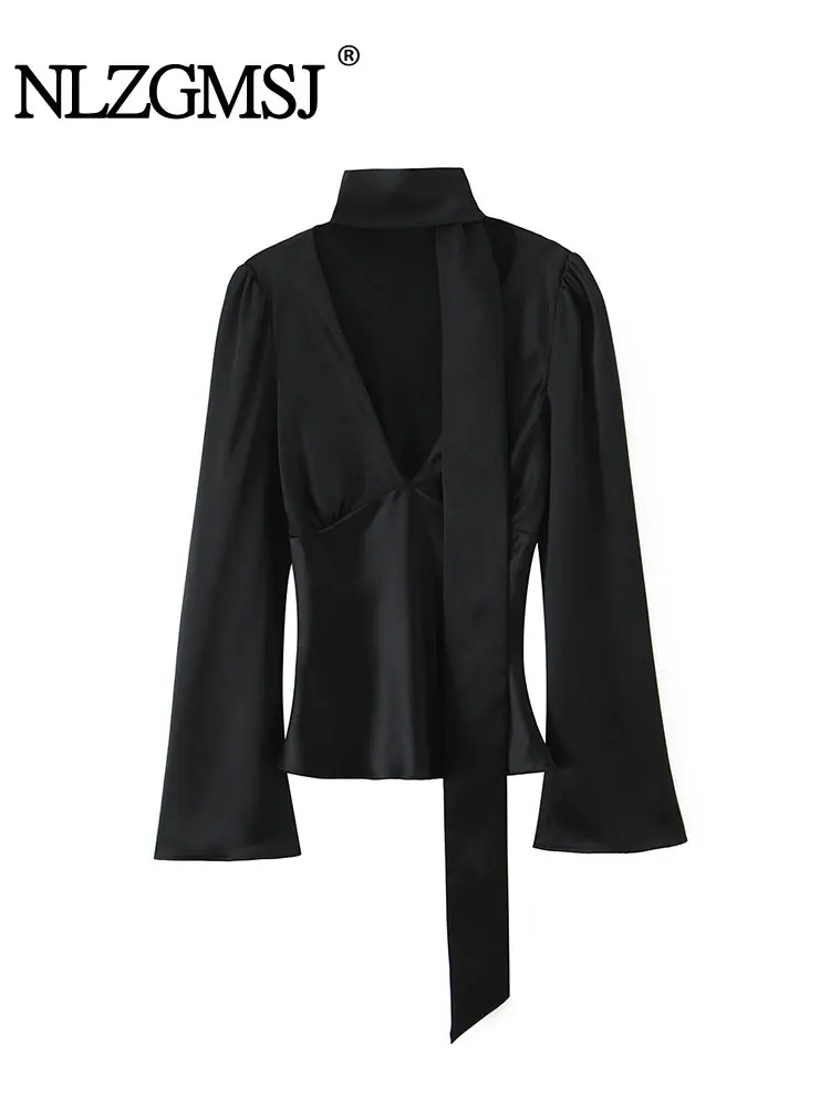 

NLZGMSJ 2025 Autumn New Scarf Neck Blouse Women's Satin Elegant Long Sleeve Casual lShirts And Blouses Short Top ﻿