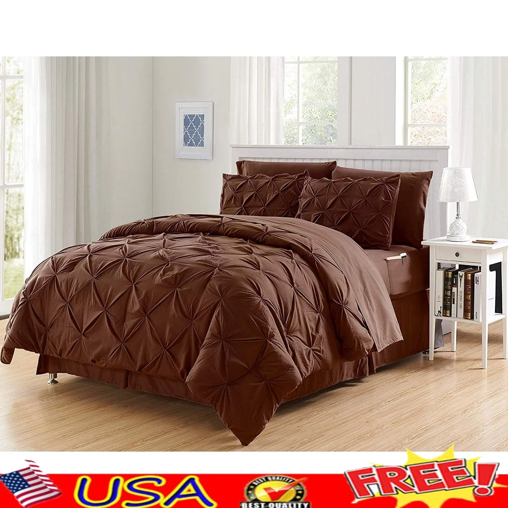 

8 Piece Full Queen Comforter Set with Double Sided Storage Pockets Pintuck Design Durable Microfiber Cooling Technology