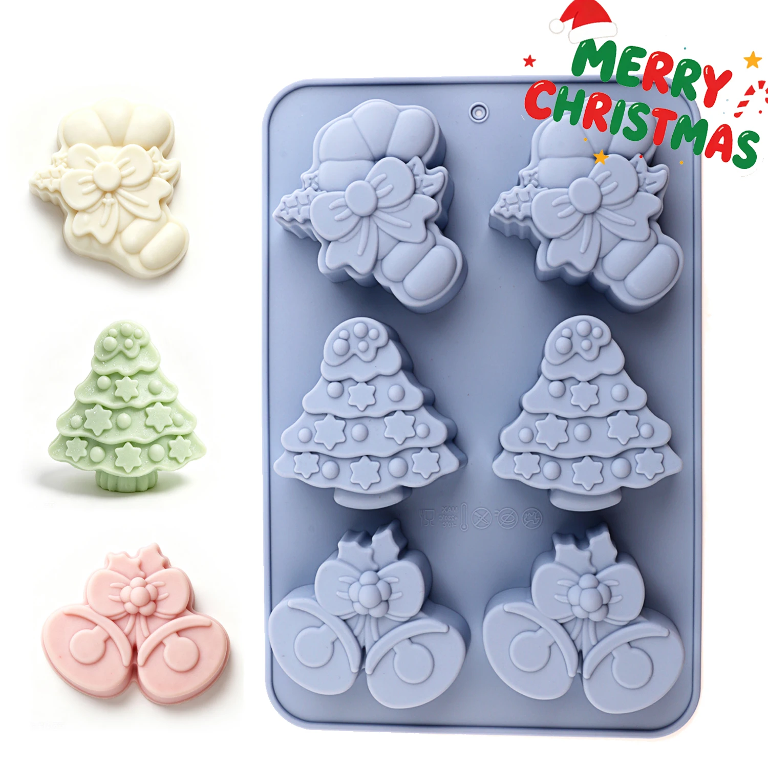 Moldes de silicona con temática navideña, que incluyen tres formas: bastones de caramelo navideños, árboles de Navidad y campanas navideñas, antiadherentes y fáciles de desmoldar, silicona de calidad alimentaria, se pueden usar para hacer cupcakes, decoraciones navideñas, chocolate y otros productos horneados, bricolaje para principiantes, regalos navideños para hornear en casa, repostería casera.
