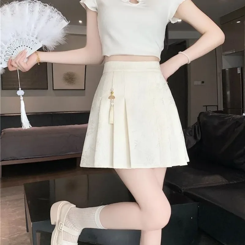 Dernières jupes d'été en Jacquard de Style traditionnel chinois pour femmes, taille haute, Slim plissée, grande taille, robes courtes