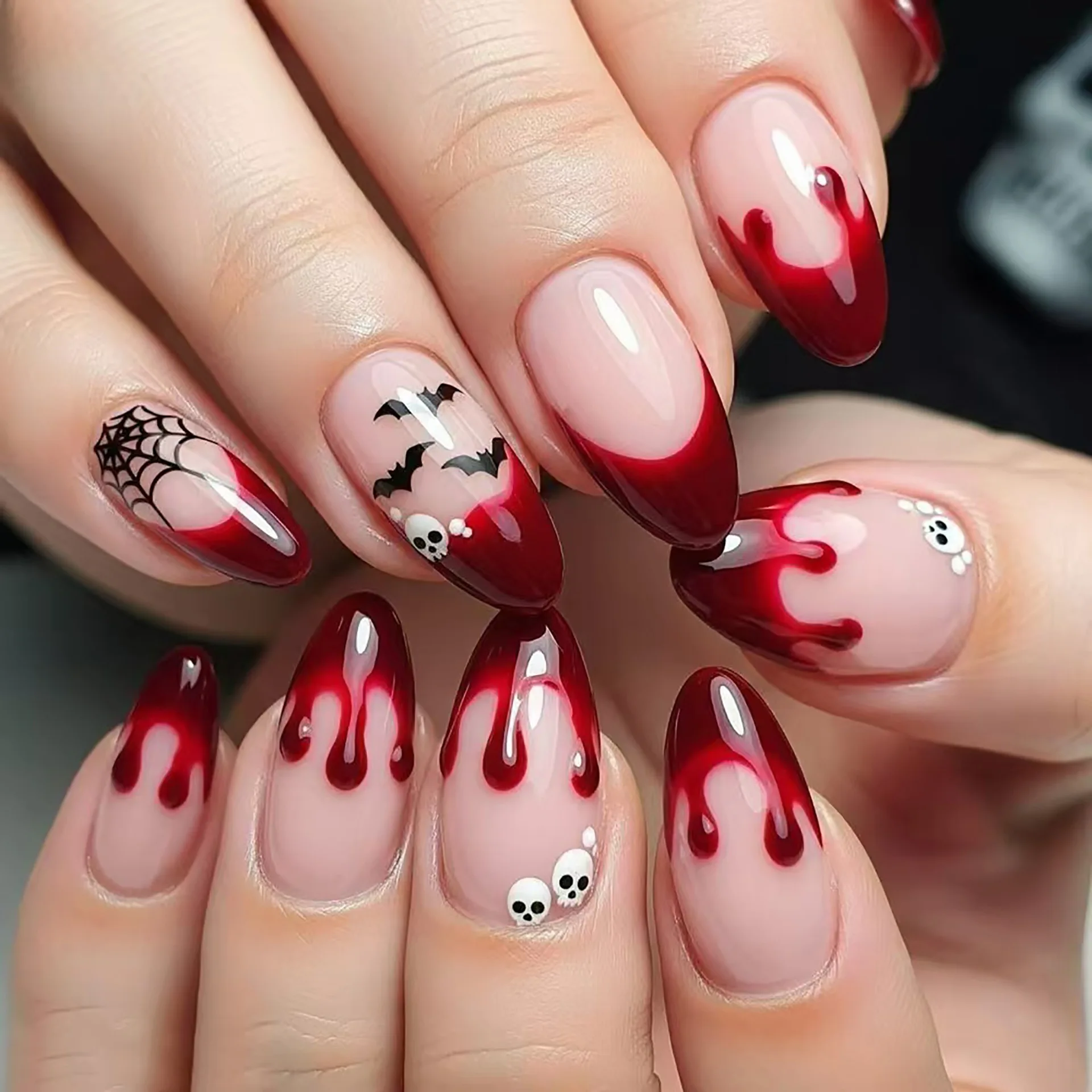 24PCS Red Gothic Style False Nails with Blood Drip Bat Spider Web Skull Design Fake Nails for Women Halloween Press on Nails  네일