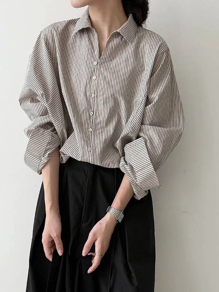 

Women Striped Shell Button Big Size Casual Blouse New Lapel Long Sleeve Shirt Fashion Tide Spring Autumn