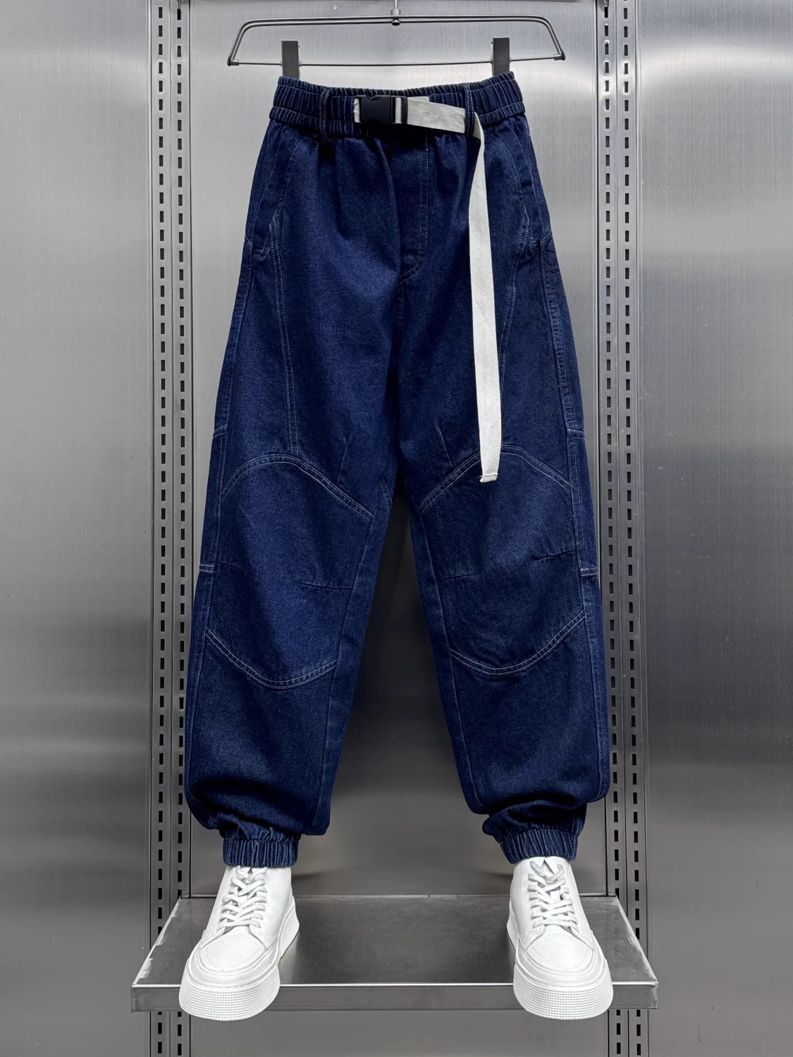 

plus Size 300 Pou American Retro Knife Jeans Men's High Street Loose Waist Belt Design Cuffed Harlan Pants Casual Wear