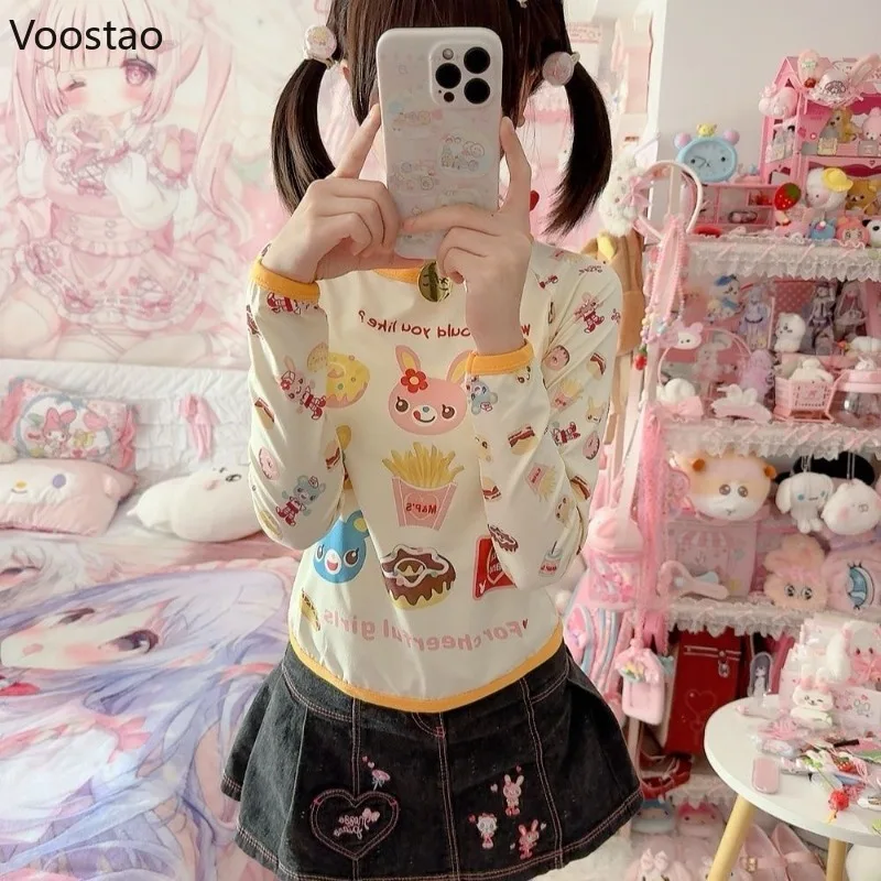 Autumn Y2k Aesthetic Kawaii Lolita T-shirts Women Sweet Cartoon Rabbit Bear Print Long Sleeve Tops Japanese Harajuku Grunge Tees