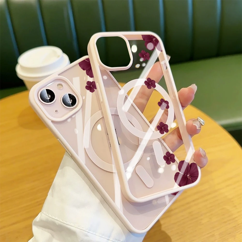 Vintage-Blumen Transparente Hülle für Magsafe iPhone 15 16 13 Pro Max 17 14 11 13 12 Pro Max Plus Hülle Magnetisches Kabelloses Laden Coque – Detail 4