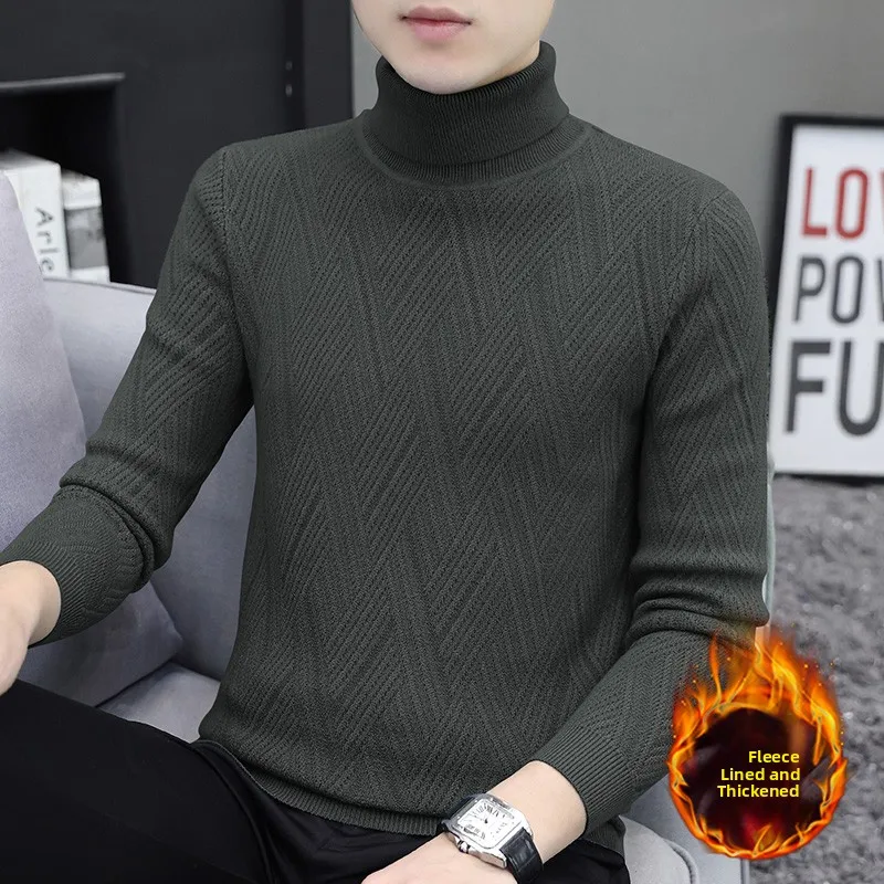 

Мужской свитер с высоким воротником, утепленный трикотаж, базовый слой, однотонный, повседневный, круглый вырез, зимний, базовый топ