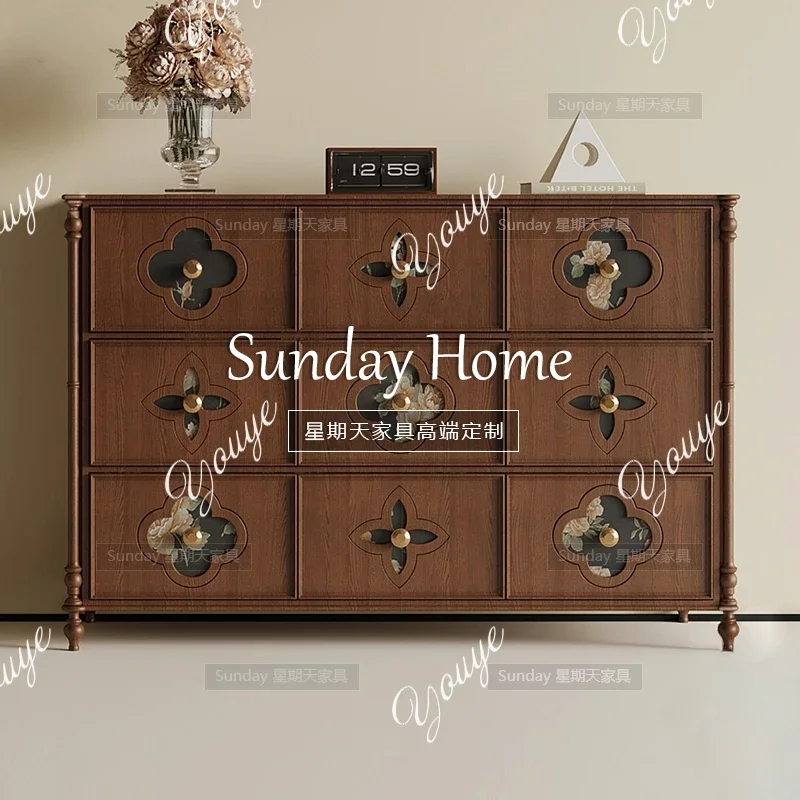 

J New Chinese Retro Chest Antique Walnut Drawer Cabinet Bedroom Locker Furniture