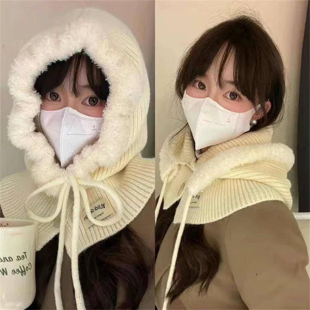 

Casual Balaclava Hat Neck Protection Warm Knitted Hat Windproof Button Design Lace-up Hat Autumn Winter