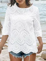 2024 ZANZEA Summer Elegant Lace Embroidery Half Sleeve Blouses Women Tops Casual Hollow Out Blusas Mujer Fashion OL Work Shirt