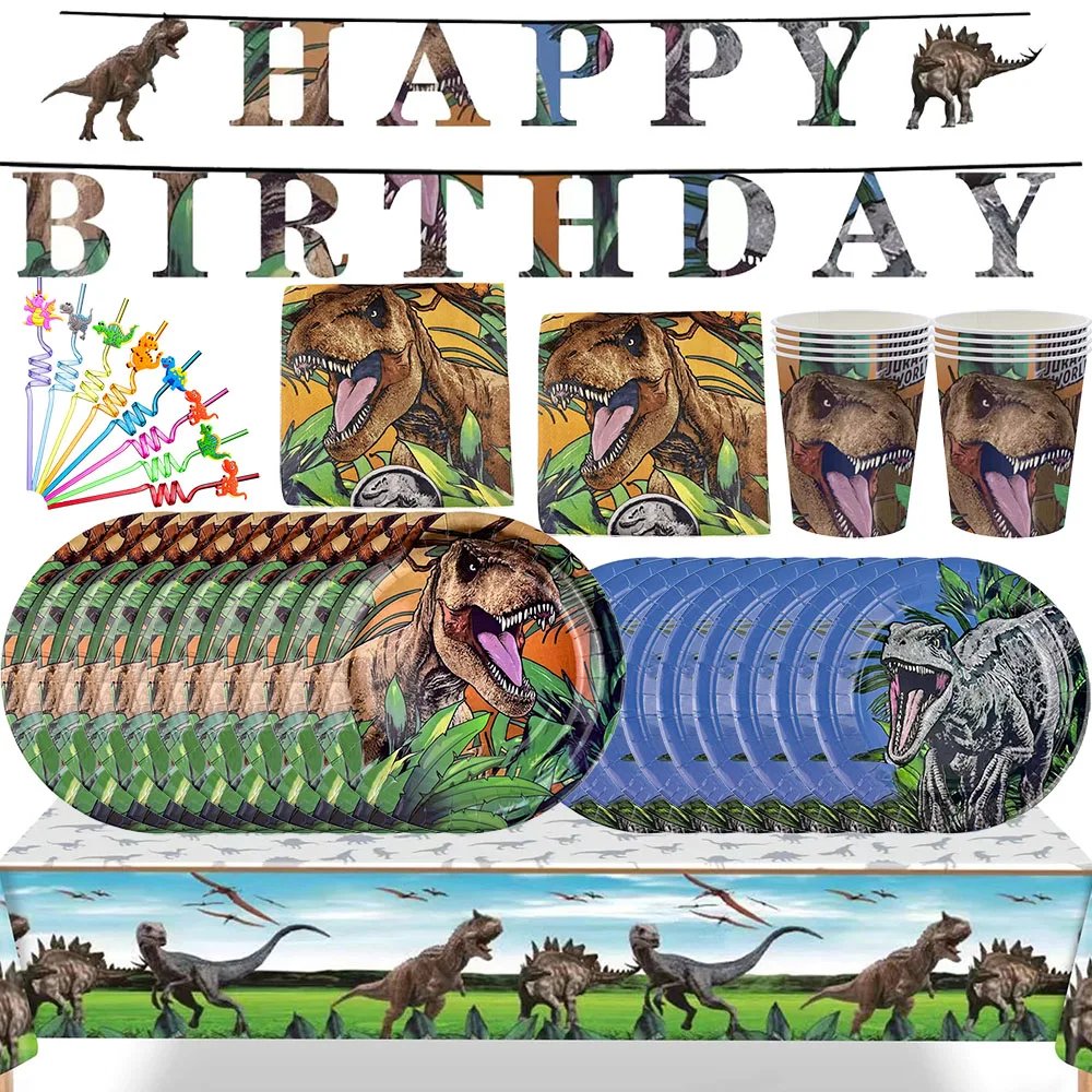 Dinosaur Party Decoration Paper Plates Cups Napkins Tablecloth Happy Birthday Banner Jurassic Dinosaur Birthday Party Supplies