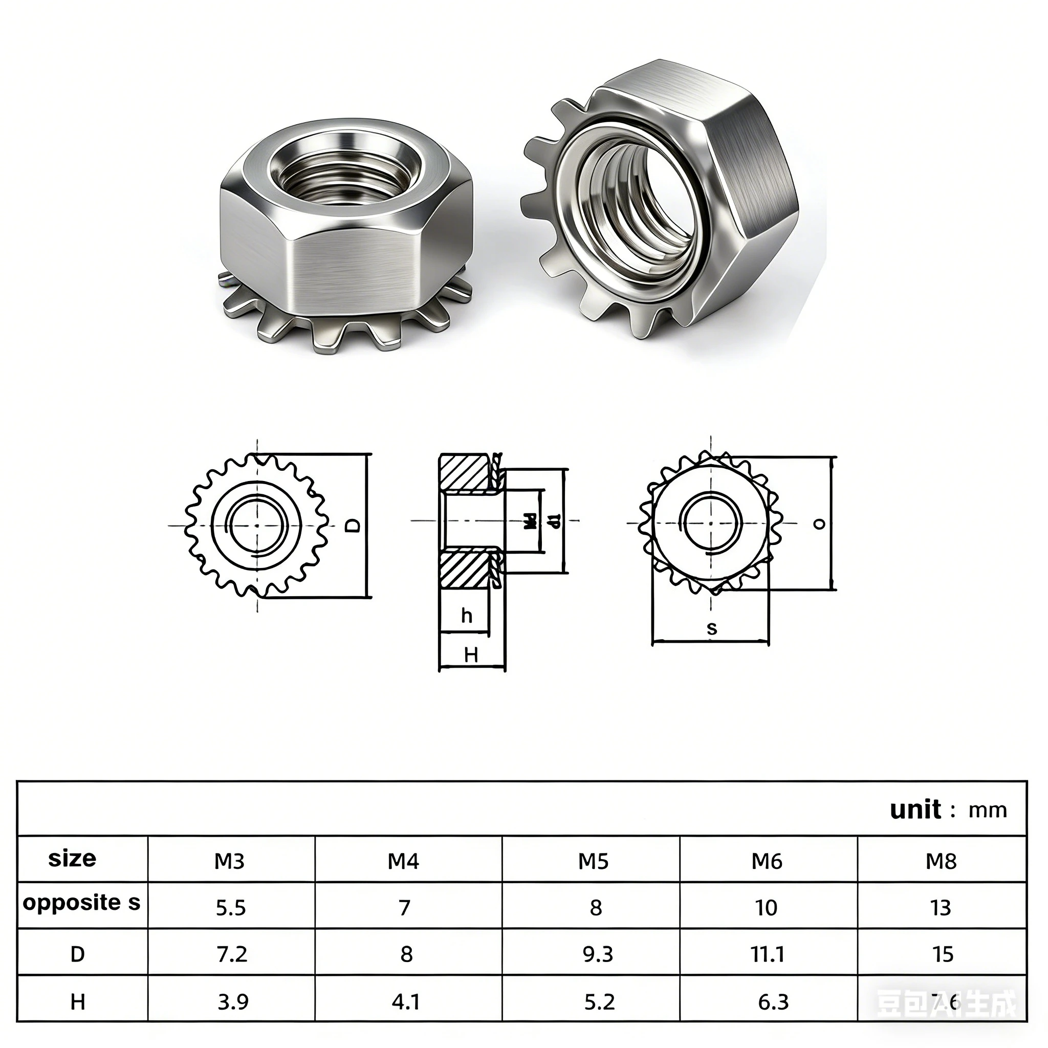 Hex K Lock Nut K-type Gear KepsToothed Polydentate  Nuts 304 Stainless Steel M3 M4 M5 M6 M8 M10
