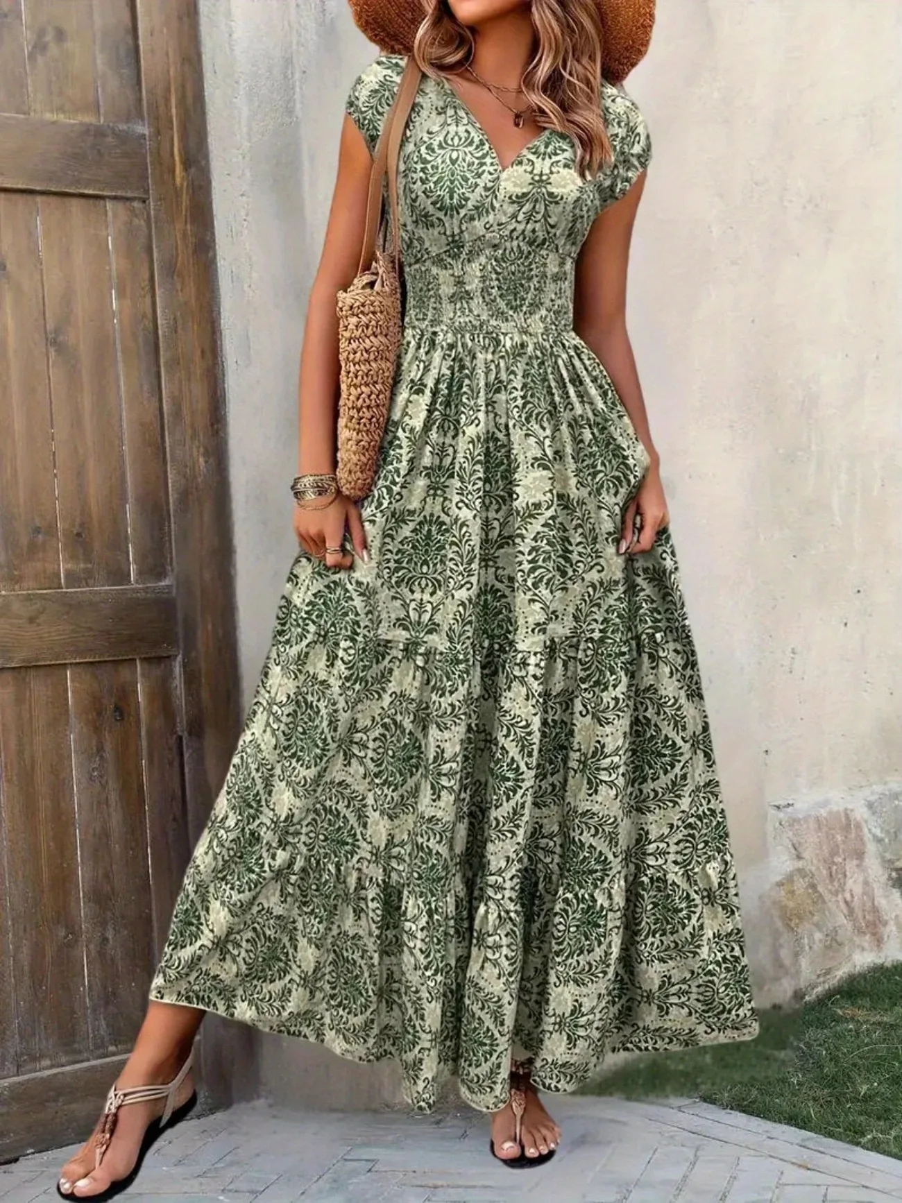 Damen Boho Blumen-Maxikleid mit V-Ausschnitt, kurzen Ärmeln, geraffter Taille, gestuften Rüschen, langes Strand- und Urlaubskleid – Detail 1