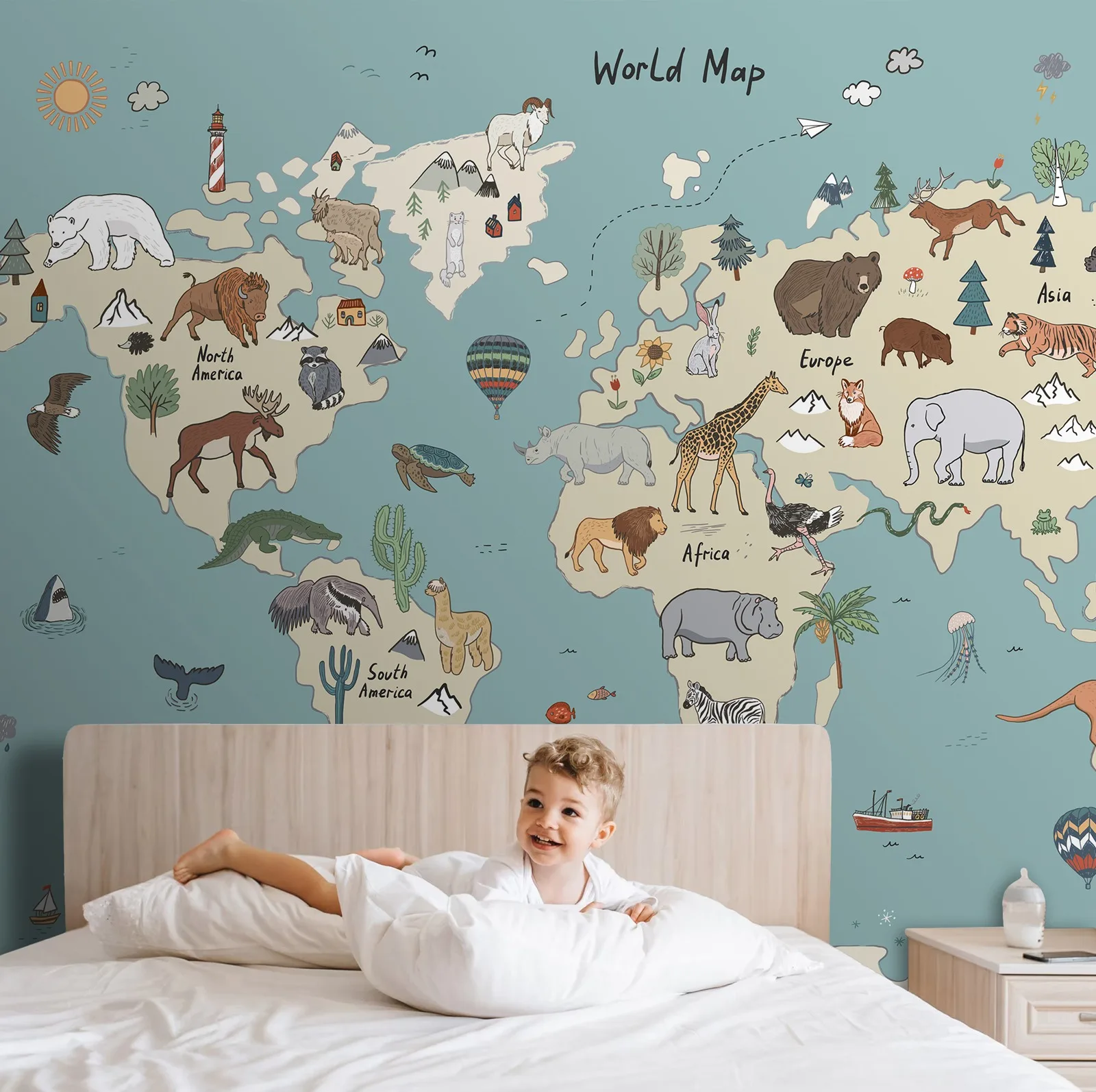 Large Size Child Map Wallpaper,Traditional Non-woven World Map Wall Mural With Little Animals For Kids Room Decoration,NO PVC