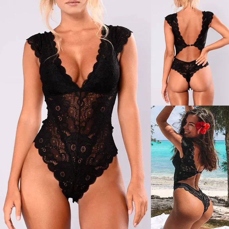 Porno Crotchless Underwear Women Lace Transparent Bra Set Hot Erotic Costumes Female Teddy Bodysuit Deep V Bra Sexy Lingerie Set