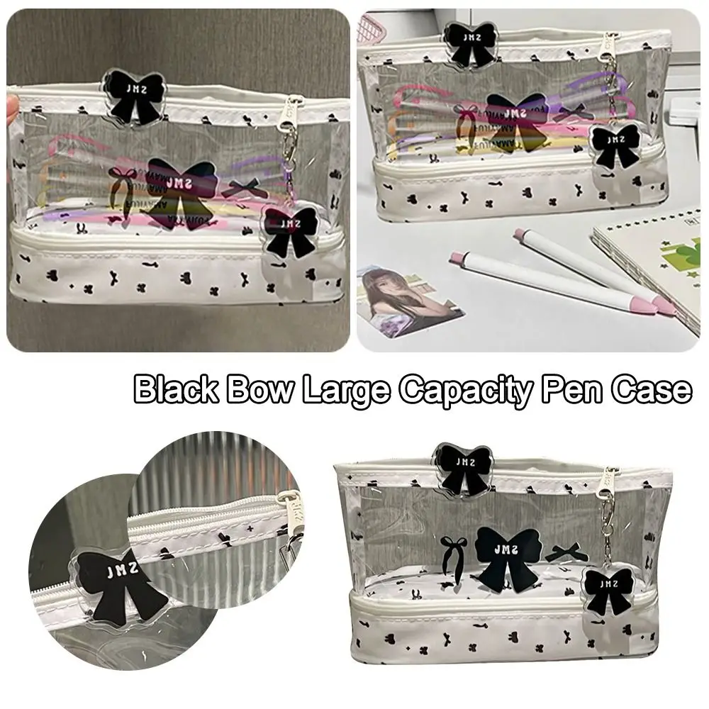 

Cartoon Cute Bow Pencil Case Transparent Double-Layer Pen Bag Large Capacity Stationery Box School Supplies