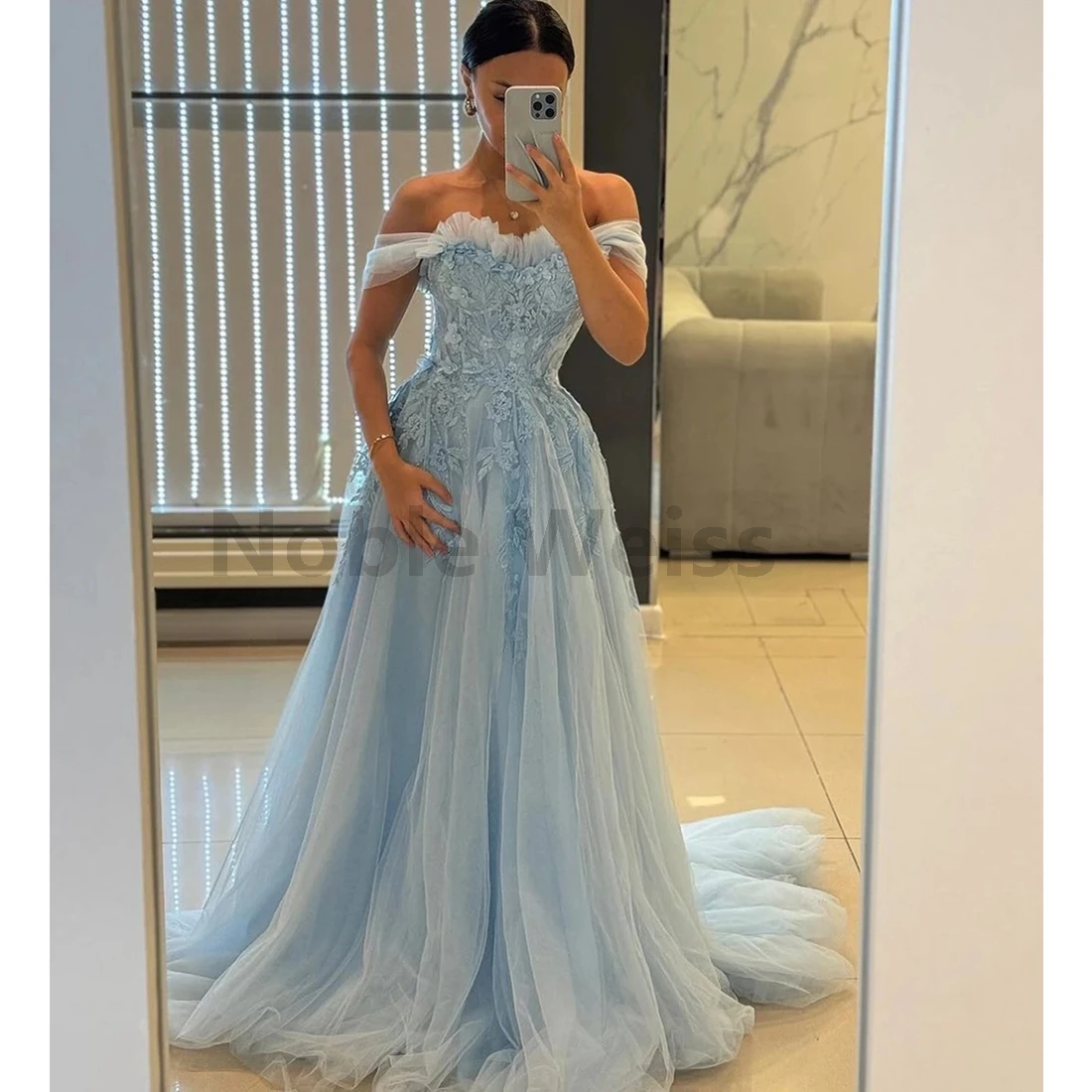 Schulterfreies Tüll-Abendkleid mit Blumenapplikationen, A-Linie, für Damen, Hochzeit, Party, individuell anpassbar