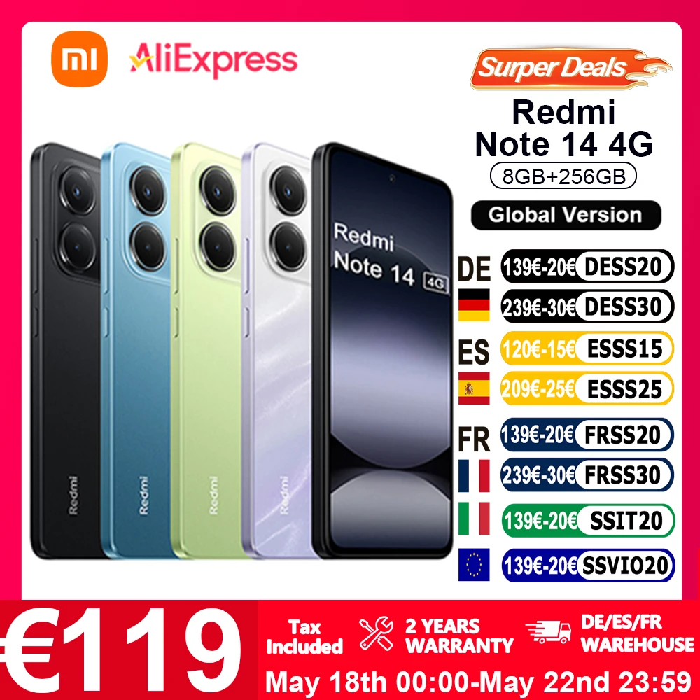 Versión Global Xiaomi Redmi Note 14 4G NFC Smartphone MediaTek Helio G99-Ultra Cámara AI de 108MP Pantalla de 6,67" 120Hz 5500mAh 33W carga turbo MediaTek Helio G99-Ultra Corning Gorilla Glass 5 Sensor de huella digital seguro en pantalla