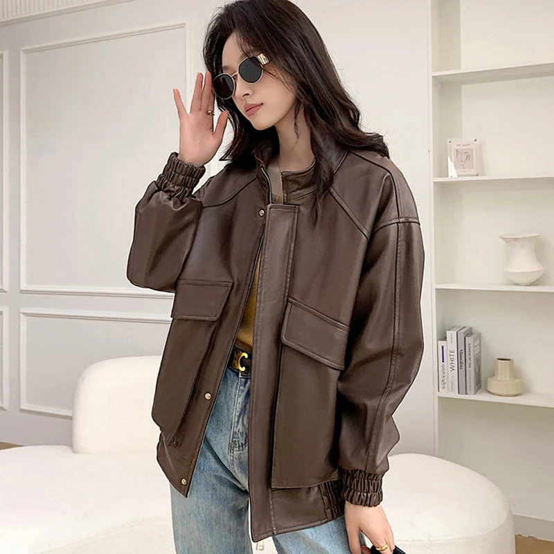 Vintage echte leren jas herfst winter vrouwelijke plantaardig gelooide schapenvacht korte bovenkleding oversize vriendje stijl bomberjack