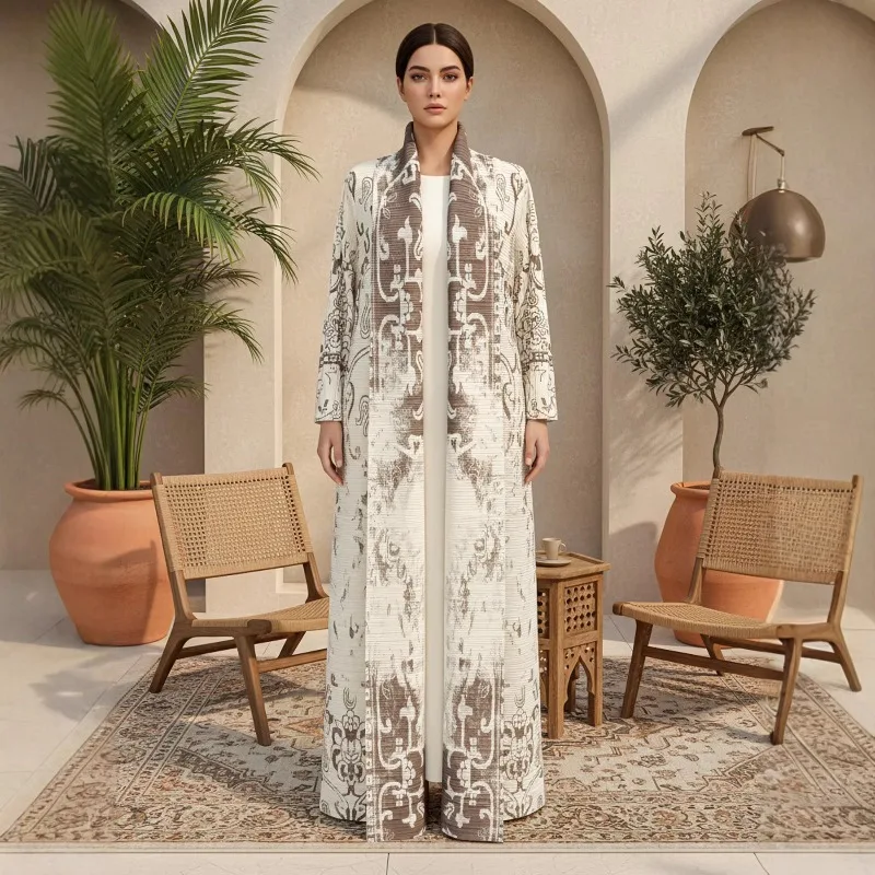 

Новая плиссированная абайя Miyake 2026 в винтажном стиле Ближнего Востока с принтом, Дубай, Саудовская Аравия, кардиган-жакет больших размеров, эластичный, женский, 57 дюймов