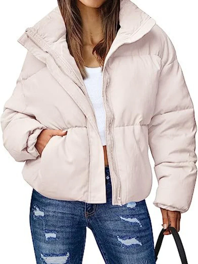 Abrigo de invierno para mujer, novedad de 2024, manga larga, cuello con cremallera, Chaqueta corta holgada informal y elegante de algodón, Parkas para mujer