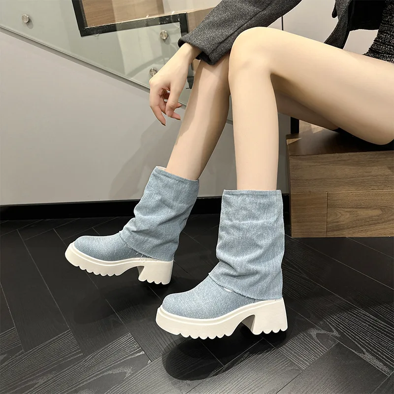 Fujin 6cm Denim Women Shoes Combat Chunky Heels Platform Wedge Chunky Sneakers Spring Autumn Ankle Booties Women Fashion Booties