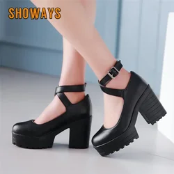 Woman Platform Pumps White Black Red Quality PU High Thick Block Heels Casual Party Dress Buckle Ankle Strap Vintage Lady Shoes
