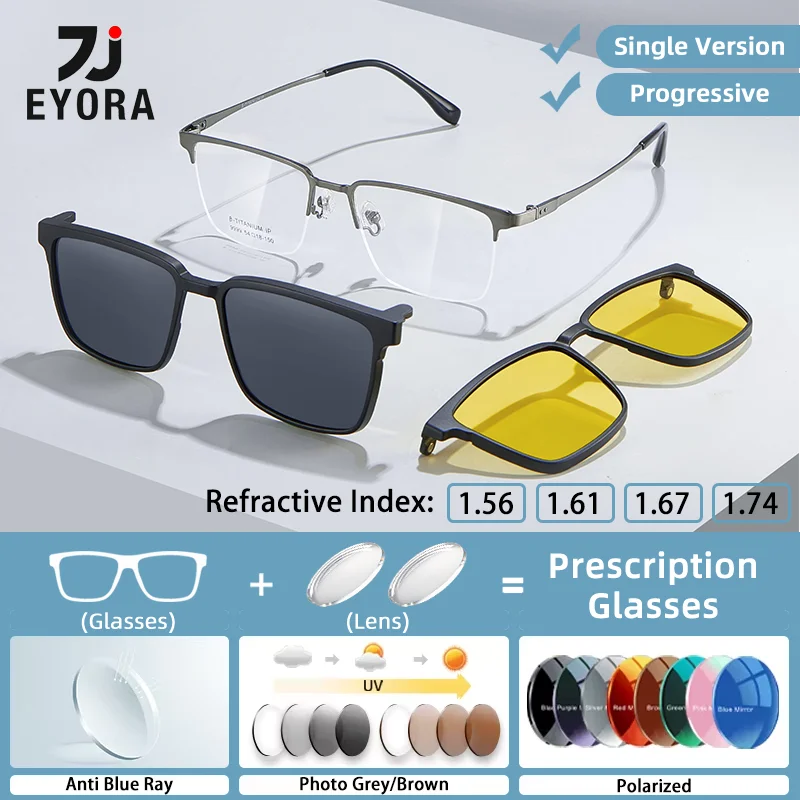 EYORA Business Magnetic Clip on Glasses Men Anti Blue Light Myopia Eyewear Photochromic Progressive Eyeglasses with Prescription