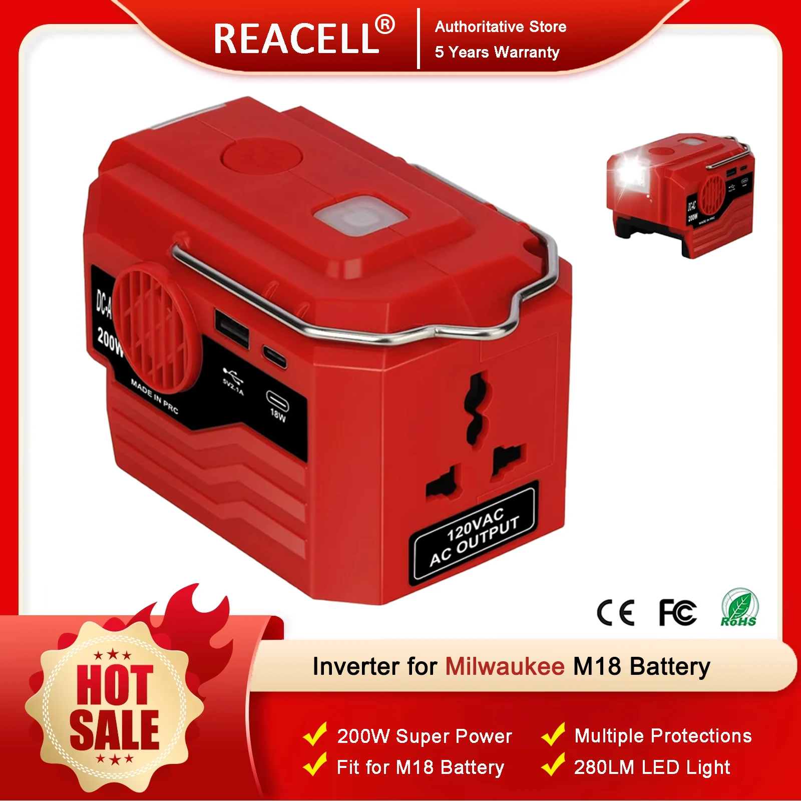 200W Power Inverter for Milwaukee M18 Battery, DC 18V to AC 110-120V Battery Inverter, with AC Outlet & USB and Type-C Ports