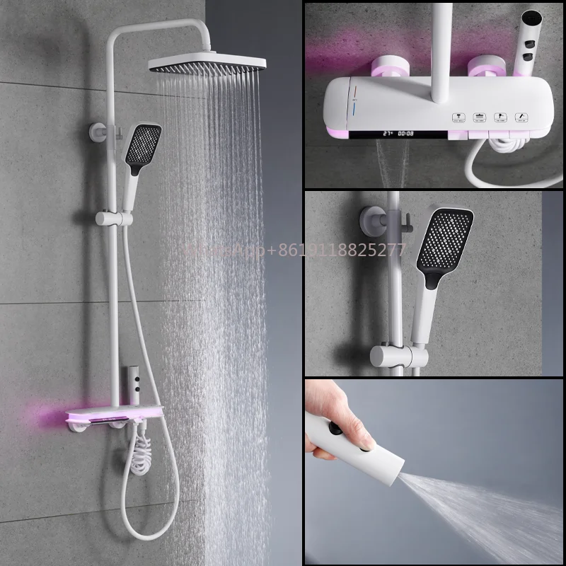 

Key Design Shower System Faucet With LED Light High end Brass Digital Display Bathroom Shower Set Piano