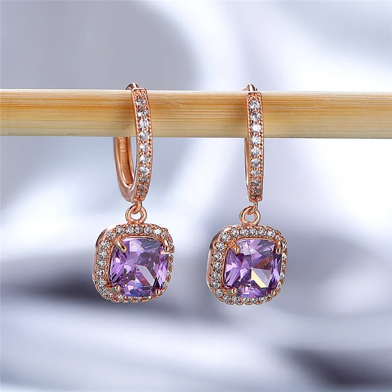 Dainty Female Rainbow Crystal Drop Rose Gold Silver Color Hoop Earrings Charm Bridal Square Wedding Jewelry For Women